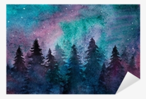 Watercolor Spruce Forest On The Starry Sky Background - Watercolor Northern Lights Background