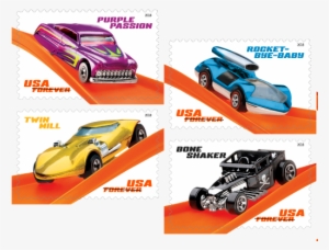 The Name Of The Vehicle Shown In One Of The Top Corners - Usps Hot Wheels Stamps