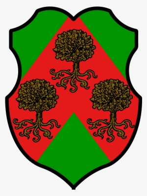 Vert, Over A Chevron Gules Three Oak Tree Eradicateds