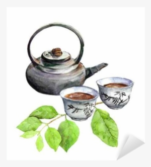 Asian Tea Pot, Teacup And Green Leaves - Chinese Teapot Watercolour Free