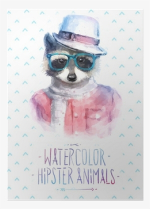 Vector Illustration Of Raccoon Portrait In Sunglasses - Colorful Watercolor Image Hipster Raccoon Printed On