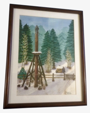 Odic, Watercolor Painting, Rural Totem Pole By Log - Picture Frame