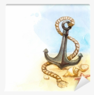 Watercolor Illustration Of Anchor And Shell Wall Mural