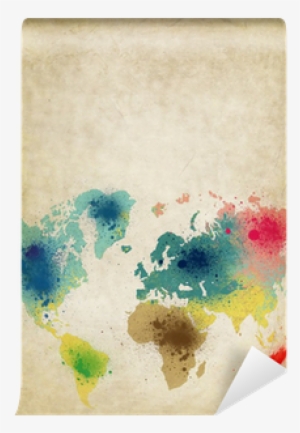 World Map With Colorful Paint Stains On Old Paper Wall