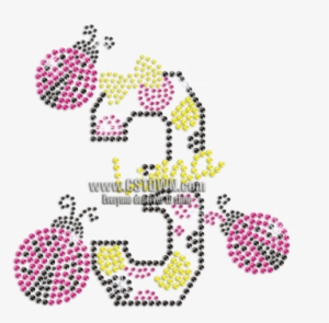 Pretty Fireflies & Number 3 Iron-on Rhinestone Transfer - Illustration