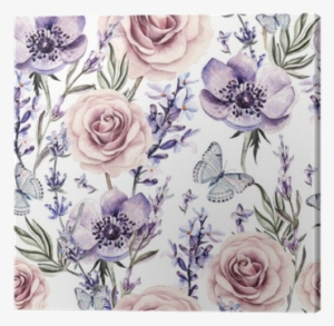 Watercolor Pattern With The Colors Of Lavender, Roses - Kwiaty Akwarea