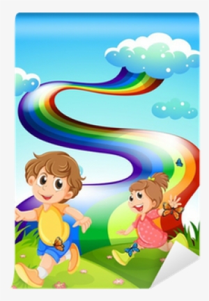 Kids Walking At The Hill With A Rainbow In The Sky - Writing Workbook Ages 3-5