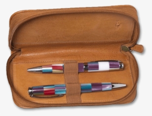 Aston Zipper 2-pen Case Tan Open - Leather