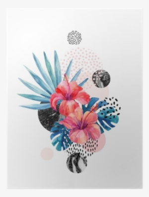 Watercolor Tropical Flowers On Geometric Background - Watercolour Tropical Flowers