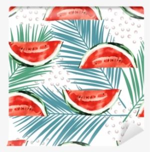 Watercolor Tropical Leaves And Watermelon Seamless - Natural Foods