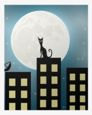 Cat Sitting On A Roof Looking To The Moon Vector Poster - Moon