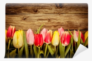 Beautiful Fresh Tulip Border On Rustic Wood Wall Mural - Wood