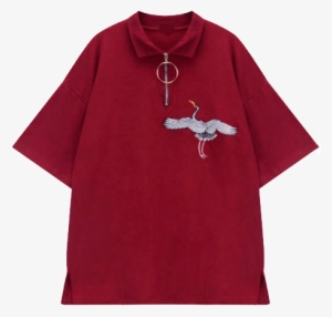 Crane Embroidery Red Tshirt V=1527361690 - Red Aesthetic Shirt Png