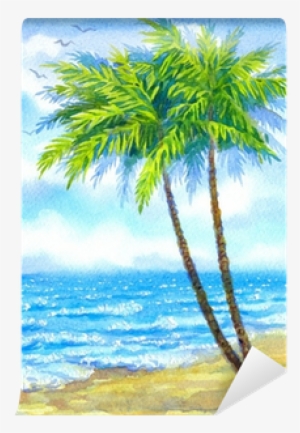 Tall Palms On A Sandy Beach Wall Mural • Pixers® • - Sulu Boya Manzara