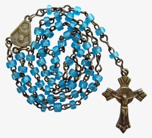 Vintage Art Deco Miniature Catholic Blue Glass Rosary - Blue Glass Rosary