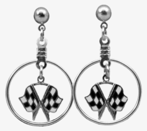 Silver Checkered Flags Dangle Ear Rings - Check