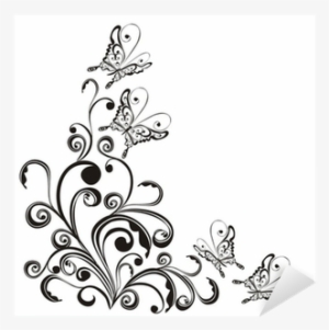 Frame With Butterfly And Floral Ornament, Vector Sticker - Black Butterfly