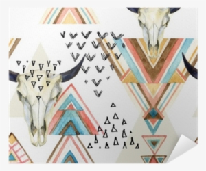 Abstract Watercolor Animal Skull And Geometric Ornament - Watercolor Background Aztec