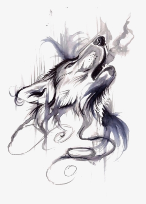 Gray Wolf Tattoo Ink Flash Drawing - Ink Wash Wolf