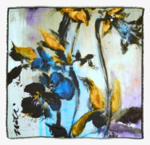 Golden Blue Orchid Silk Scarf With Black Border - Product