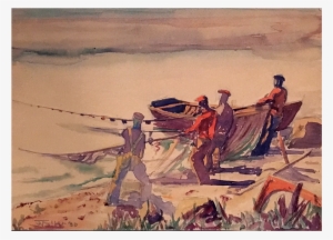 American School Fave Watercolor Signed Illegibly “fishermen - Infantry