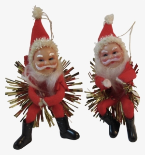 2 Santa Claus Ornaments With Tinsel Stars Vintage Japan - Christmas Ornament