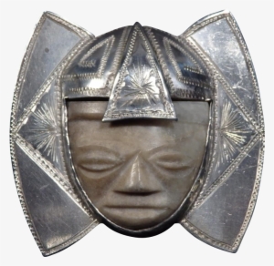 Large Vintage Mexican 900 Silver And Onyx Brooch - Mask