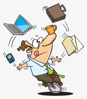 Cartoon Guy Juggling Many Office Things While Riding - Juggling Lots Of Things