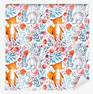 Watercolor Ornate Flowers And Cute Fox Wall Mural • - Watercolor Painting