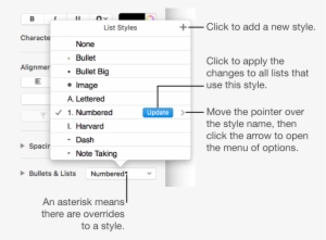 List Styles Pop-up Menu With An Asterisk Indicating - Insert Columns In Pages