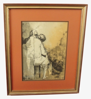 Vintage Watercolor Painting Of 2 Ladies On A Bench - Watercolor Painting