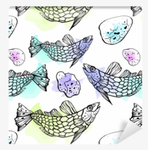 Vector Seamless Pattern Of Hand Drawn Fish And Stones - Watercolor Painting
