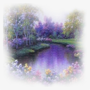 Purple Landscape Pond And Flowers - Painting