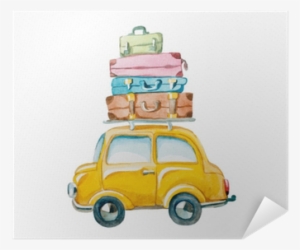Hand Drawn Yellow Car With Suitcase On The Roof - Watercolor Suitcase Clipart