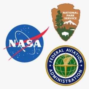 A Blue Nasa Logo, Brown Nps Arrowhead And Blue And
