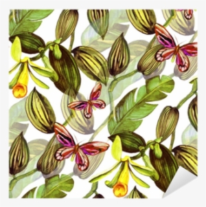 Seamless Pattern With Tropical Leaves And Vanilla Orchid - Orchids