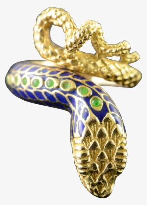 18k Detailed Green Blue Enamel Snake Head Wrapped Ring - Body Jewelry