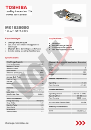 Mk1629gsg Datasheet - Toshiba 80 Gb Internal Hdd - 1.8" - Mk8009gah - Ata-100