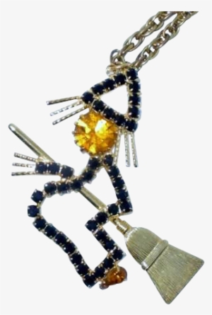 Vintage Rhinestone Halloween Witch On Broom Necklace