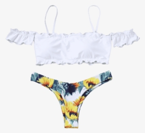 Sunflower Off Shoulder Lettuce Hem Bikini - Trajes De Baño De Girasoles