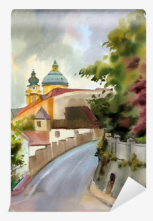 Austrian City Of Melk Painted By Watercolor Wall Mural - Dipinto Acquerello
