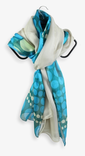 Silk Scarf Printed Green Polka Dots Beige Turquoise - Silk