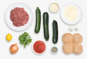 Pizza Burgers With Garlic-parmesan Zucchini "fries" - Pizza Ingredients Top View Png