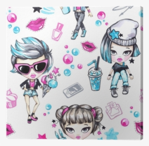 Watercolor Seamless Pattern With Fashion Teenagers - Watercolor Painting