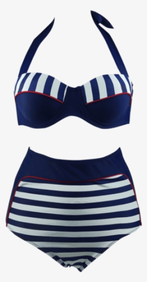 Cocoship Retro Navy Blue Stripe Black Polka Dot High - Swimsuit