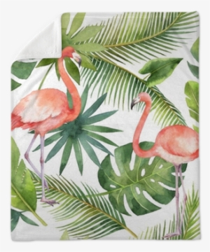 Watercolor Seamless Pattern Of Flamingo And Palm Trees - Flamingo Lraf Background