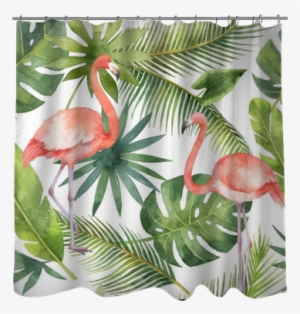 Watercolor Seamless Pattern Of Flamingo And Palm Trees - Greater Flamingo
