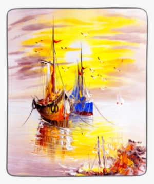 Boats Oil Painting Pixel Fleece Blanket Pixel Fleece-