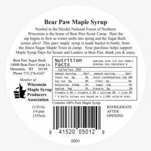 Bear Paw Maple Syrup Back Label - Portable Network Graphics
