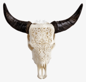 Amazing Carved Cow Skull Xl Horns Flower With Cow Skull - Xl Horns